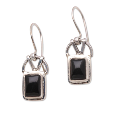 Onyx dangle earrings, 'Black Vision' - Modern Onyx Sterling Silver Dangle Earrings