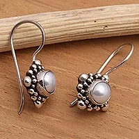 Pearl drop earrings, 'Moon Face' - Pearl Sterling Silver Drop Earrings