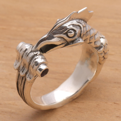 Men's amethyst ring, 'Rooster' - Handcrafted Men's Sterling Silver and Amethyst Ring