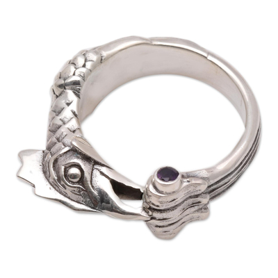 Men's amethyst ring, 'Rooster' - Handcrafted Men's Sterling Silver and Amethyst Ring