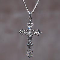 Rainbow moonstone cross necklace, 'Moon Crucifix'