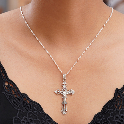 Rainbow moonstone cross necklace, 'Moon Crucifix' - Sterling Silver Rainbow Moonstone Cross Necklace