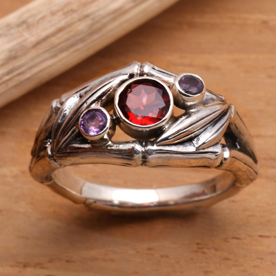 Amethyst and garnet 3 stone ring, 'Bamboo Mambo' - Garnet and Sterling Silver Ring