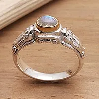 Gold accent rainbow moonstone solitaire ring, Swirls and Twirls