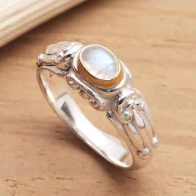 Gold accent rainbow moonstone solitaire ring, 'Swirls and Twirls' - Silver and Rainbow Moonstone Solitaire Ring
