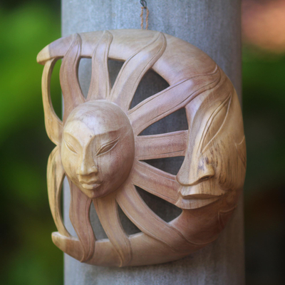Wood mask, 'Day and Night' - Hand Carved Wood Mask