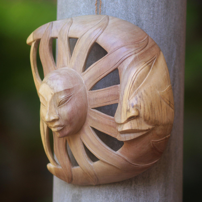 Wood mask, 'Day and Night' - Hand Carved Wood Mask