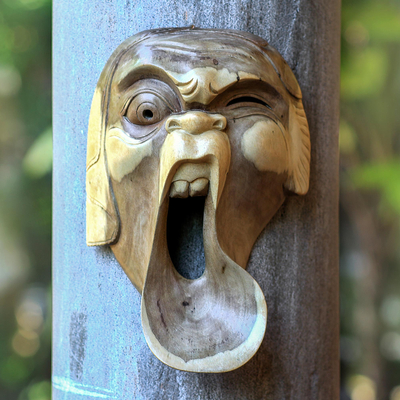 Wood mask, 'One-Eyed Clown' - Modern Carved Hibiscus Wood Mask