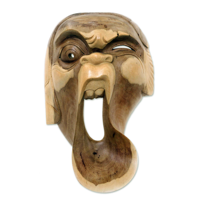 Holzmaske, 'Einäugiger Clown - Moderne geschnitzte Hibiskus-Holzmaske