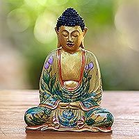 Holzstatuette „Buddha des Paradieses“ – handbemalte Holzskulptur