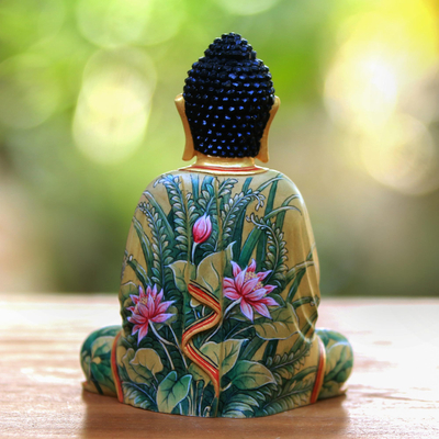 Wood statuette, 'Buddha of Paradise' - Hand Painted Wood Sculpture