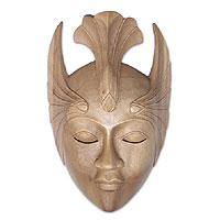 Wood mask, 'Sleeping Miss Fan' - Hibiscus Wood Modern Mask