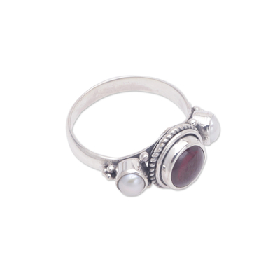 Pearl and garnet ring, 'Harmony of Opposites' - Indonesian Sterling Silver and Garnet Ring