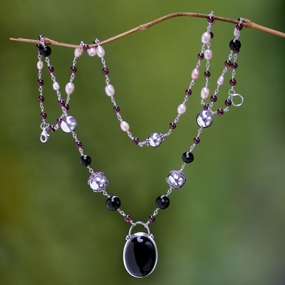 Halskette aus Onyx und Perlen - Halskette mit Perlen- und Onyx-Silberanhänger