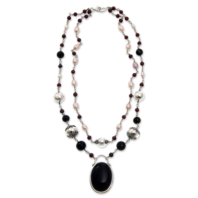 Onyx and pearl necklace, 'Duet' - Pearl and Onyx Silver Pendant Necklace