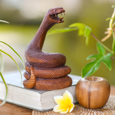 Wood statuette, 'Coiled Snake' - Hand Carved Wood Statuette