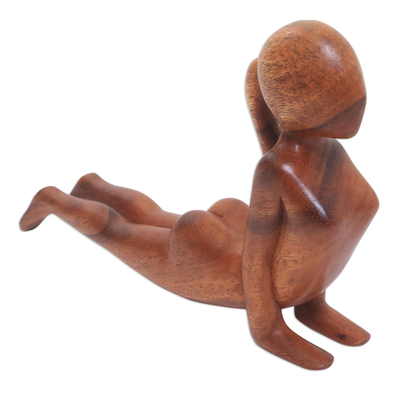 Wood statuette, 'Cobra Yoga Pose' - Suar Wood Statuette