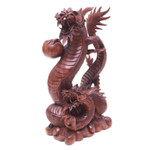 Wood statuette, 'Coiling Dragons' - Handcrafted Wood Sculpture