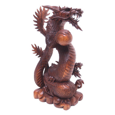 Wood statuette, 'Coiling Dragons' - Handcrafted Wood Sculpture