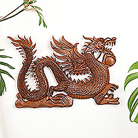 Wood relief panel, 'Winged Fire Dragon' - Unique Wood Relief Panel