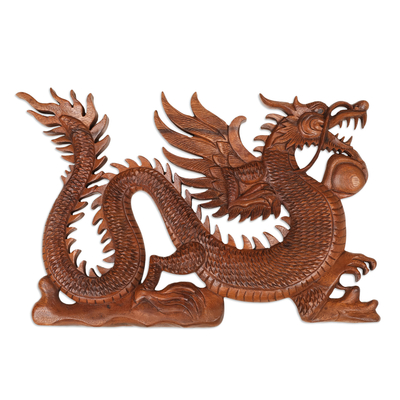 Wood relief panel, 'Winged Fire Dragon' - Unique Wood Relief Panel
