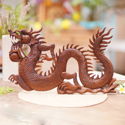 Wood relief panel, 'Fire Dragon' - Suar Wood Relief Wall Panel