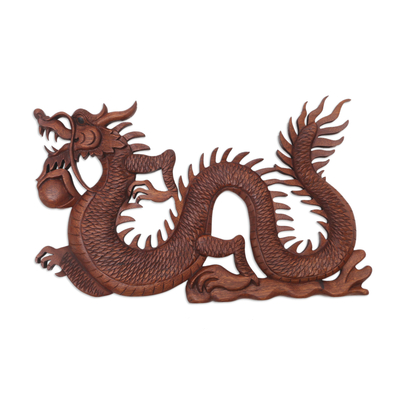 Wood relief panel, 'Fire Dragon' - Suar Wood Relief Wall Panel