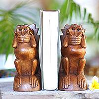 Wood bookends, 'Speak No Evil Monkey' (pair) - Playful Monkey Bookends