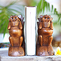 Wood bookends, 'Speak No Evil Monkey' (pair) - Hand Carved Wood Monkey Bookends (Pair)