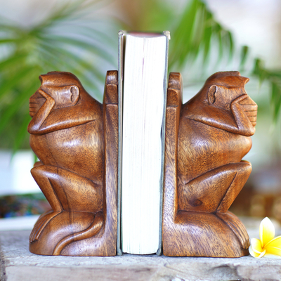 Wood bookends, 'Speak No Evil Monkey' (pair) - Hand Carved Wood Monkey Bookends (Pair)