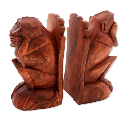 Sujetalibros de madera, (par) - Sujetalibros mono de madera tallada a mano (par)