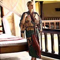 Women's batik robe, 'Russet Hills' - Women's batik robe