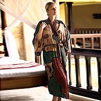 Women's batik robe, 'Russet Hills'