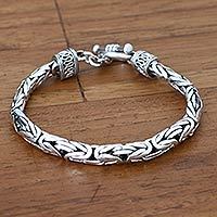 Mens sterling silver braided bracelet, Silver Dragon