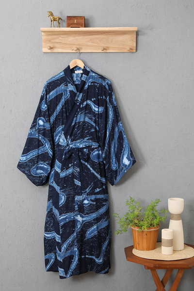 Bata batik de mujer - Bata azul con estampado de batik para mujer