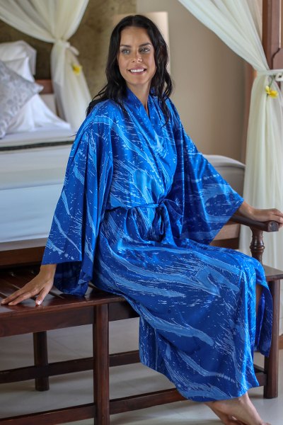 Women's batik robe, 'Sea of Sapphire' - Women's Batik Patterned Robe