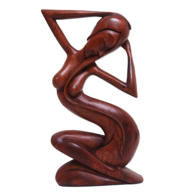 Wood statuette, 'Bathing at the River' - Suar Wood Female Form Sculpture