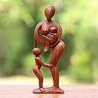 Wood sculpture, 'Abstract Family' - Hand Carved Mother and Child Sculpture