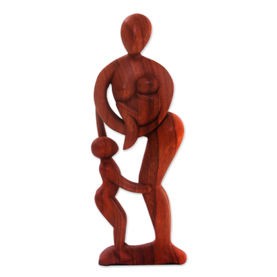 Wood sculpture, 'Abstract Family' - Hand Carved Mother and Child Sculpture