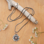 Garnet necklace, 'Sacred Red Lotus' - Floral Sterling Silver Garnet Pendant Necklace