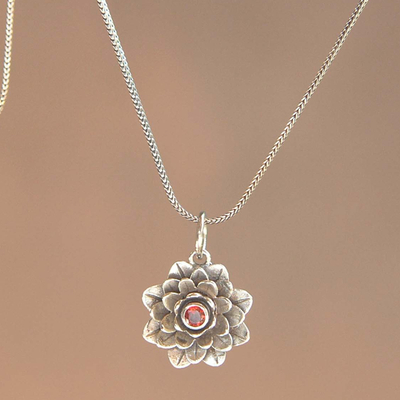 Garnet necklace, 'Sacred Red Lotus' - Floral Sterling Silver Garnet Pendant Necklace