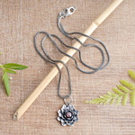 Garnet necklace, 'Sacred Red Lotus' - Floral Sterling Silver Garnet Pendant Necklace