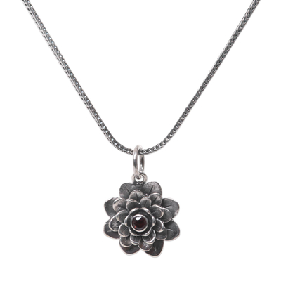 Floral Sterling Silver Garnet Pendant Necklace - Sacred Red Lotus | NOVICA
