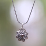 Garnet necklace, 'Sacred Red Lotus' - Floral Sterling Silver Garnet Pendant Necklace