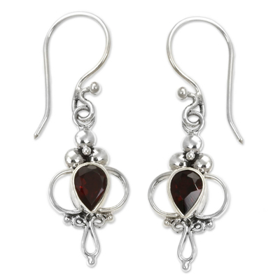 Garnet dangle earrings, 'Crimson Tears' - Garnet Sterling Silver Dangle Earrings