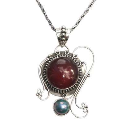 Carnelian and pearl pendant necklace, 'Eloquence' - Carnelian Sterling Silver Pendant Necklace
