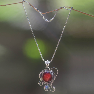 Carnelian and pearl pendant necklace, 'Eloquence' - Carnelian Sterling Silver Pendant Necklace
