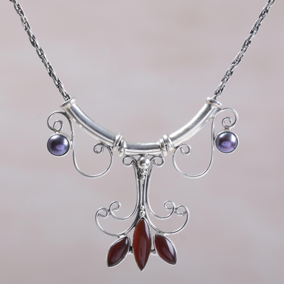 Karneol- und Perlenkette - Halskette mit Anhänger aus Karneol-Silber