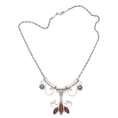 Carnelian and pearl necklace, 'Balinese Blossom' - Carnelian Silver Pendant Necklace