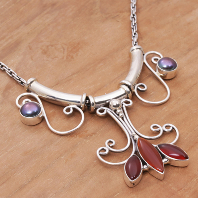 Carnelian and pearl necklace, 'Balinese Blossom' - Carnelian Silver Pendant Necklace